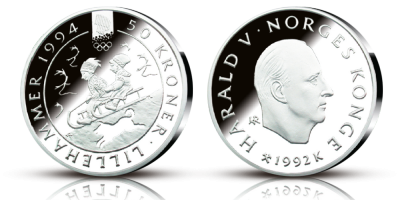 OL-sølvmynt nr. 4 Barn på kjelke - 50 kroner sølv - utgitt 1992 OL-sølvmynt nr. 4 Barn på kjelke - 50 kroner sølv - utgitt 1992